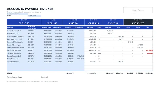 Preview of Free accounts payable template for UK businesses