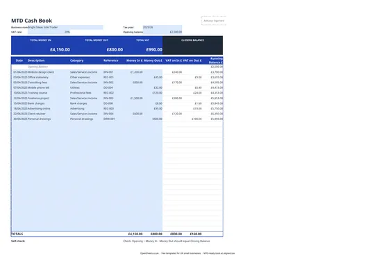 Preview of Free UK cash book template