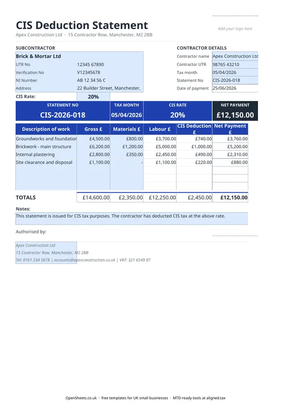 Preview of Free CIS deduction statement template for UK contractors