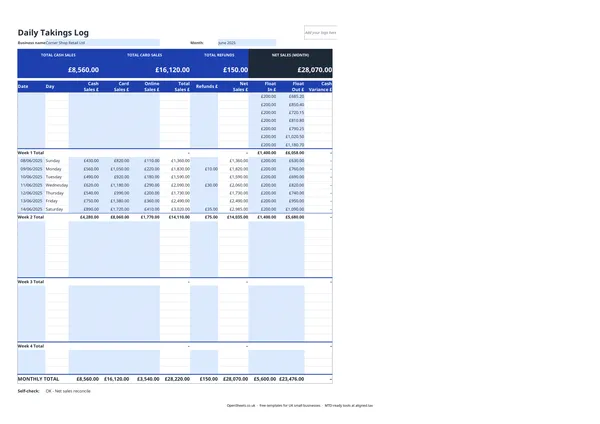 Preview of Free UK daily takings sheet for retail and hospitality
