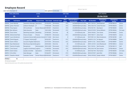 Preview of Free UK employee record template
