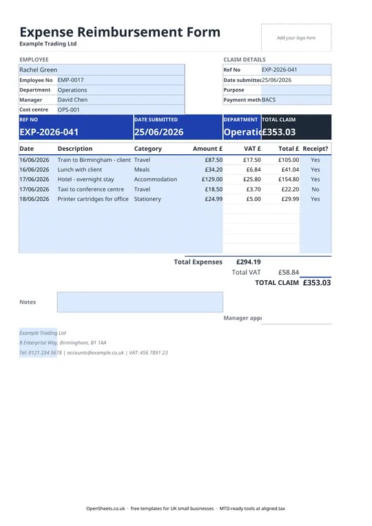 Preview of Free UK expense claim form template