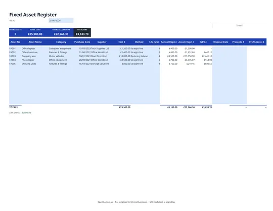 Preview of Free UK fixed asset register template