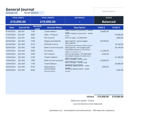 Preview of Free UK general journal template