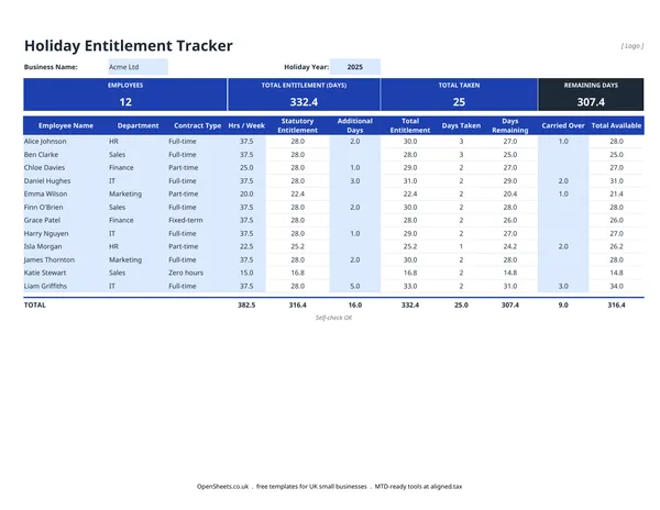 Preview of Free UK holiday entitlement calculator and tracker