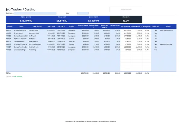 Preview of Free UK job costing template