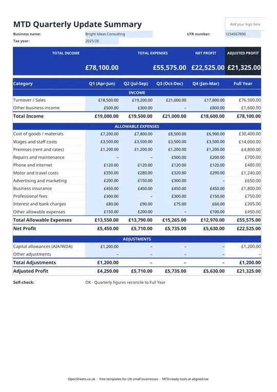 Preview of Free UK MTD quarterly update template
