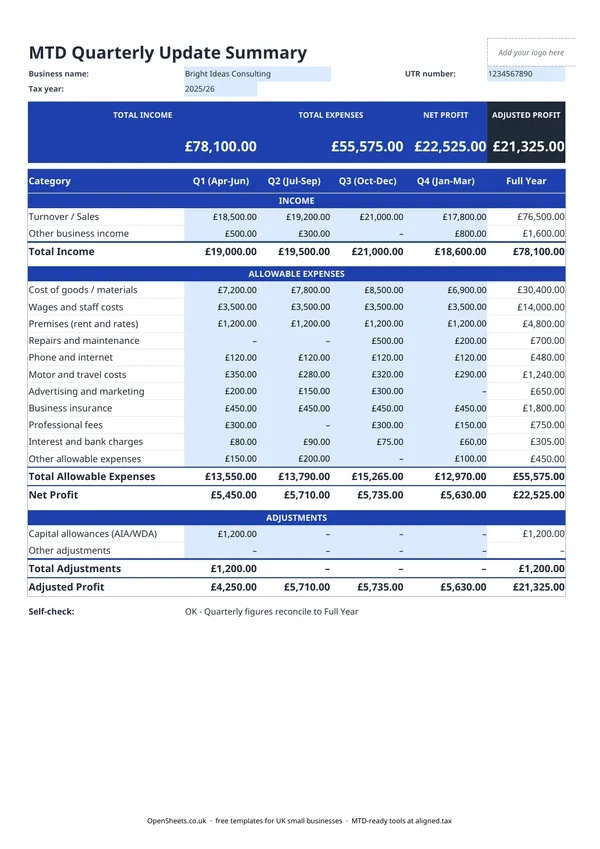 Preview of Free UK MTD quarterly update template