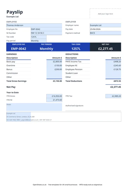 Preview of Free UK payslip template