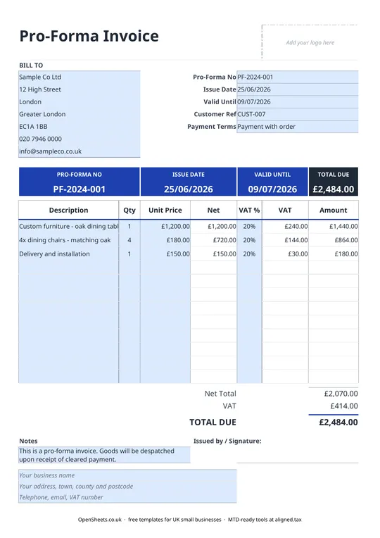 Preview of Free UK pro forma invoice template