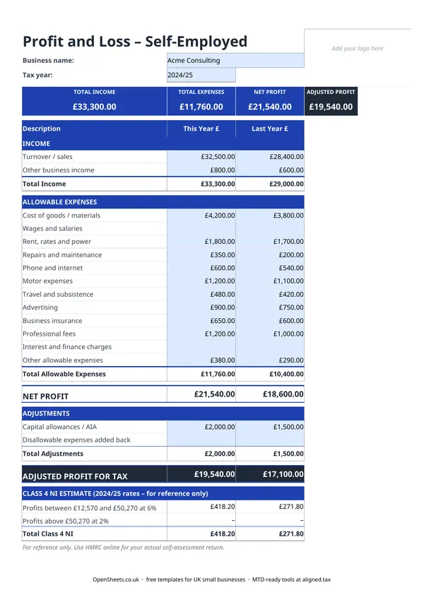 Preview of Free profit and loss template for the self-employed (UK)