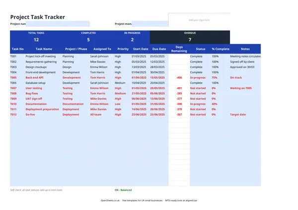 Preview of Free UK project task tracker template