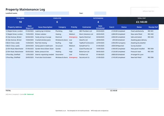 Preview of Free UK property maintenance log template