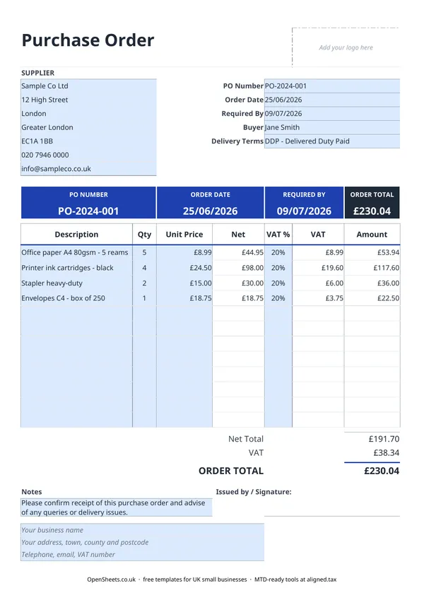 Preview of Free UK purchase order template
