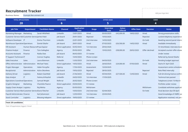 Preview of Free UK recruitment tracker template