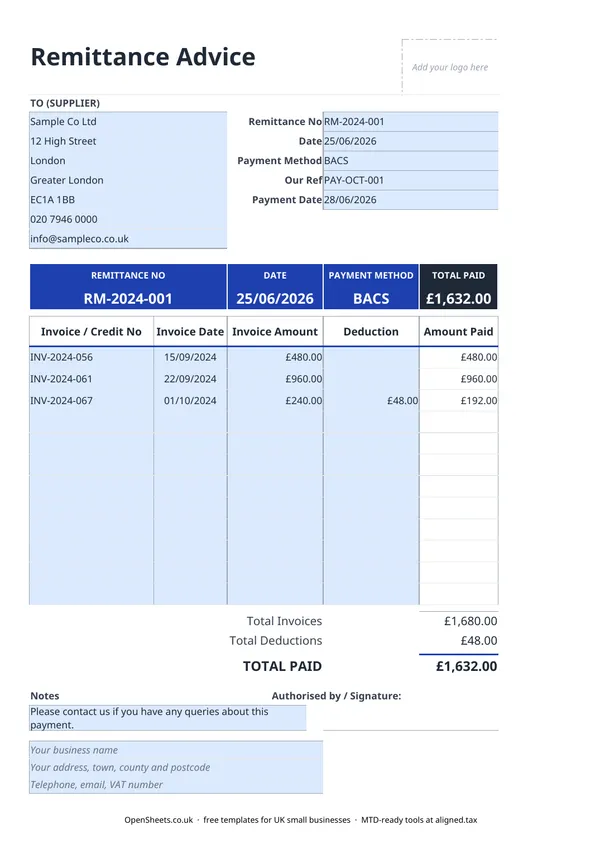 Preview of Free UK remittance advice template