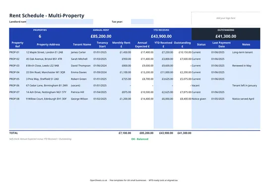 Preview of Free UK rent schedule template