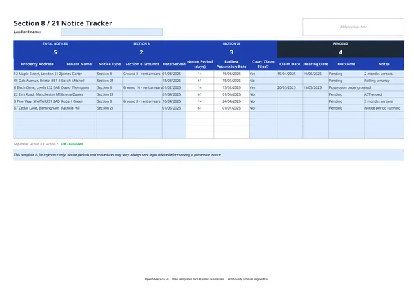 Preview of Free UK section 21 notice template and Section 8/21 tracker