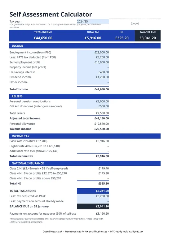 Preview of Free UK self assessment tax calculator