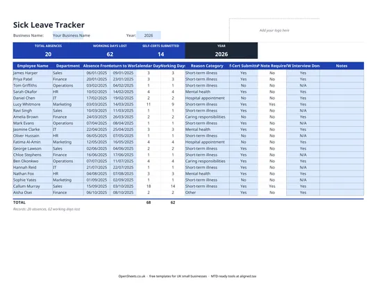 Preview of Free UK sick leave tracker: Excel template