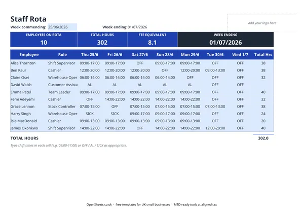Preview of Free UK staff rota template