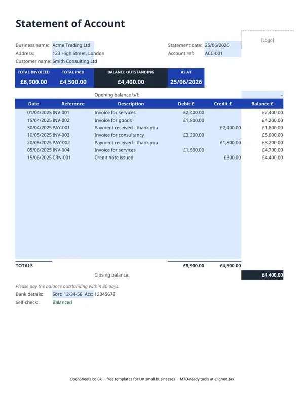 Preview of Free UK statement of account template