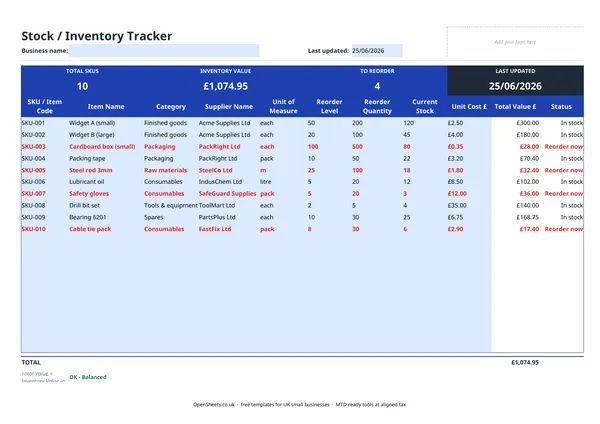 Preview of Free UK stock inventory template