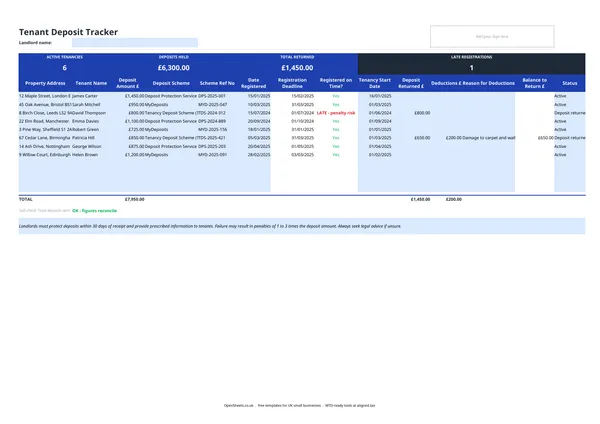 Preview of Free UK tenant deposit tracker spreadsheet